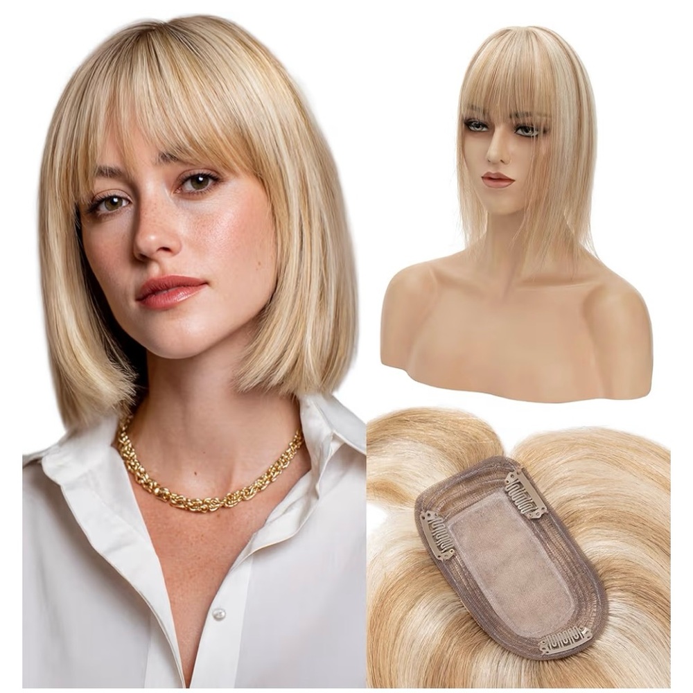 S-noilite 100%HumanHair Toppers w/Bangs 5"x3" 12”Golden Brown Highlighted Blonde